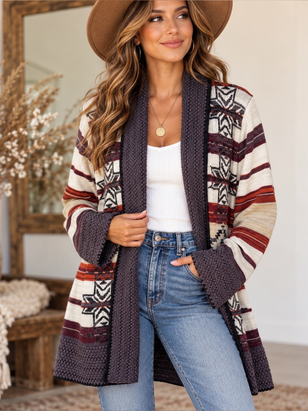 BCBG Max Azria XL Southwestern Aztec Open Front Cardigan Boho Western Sweater